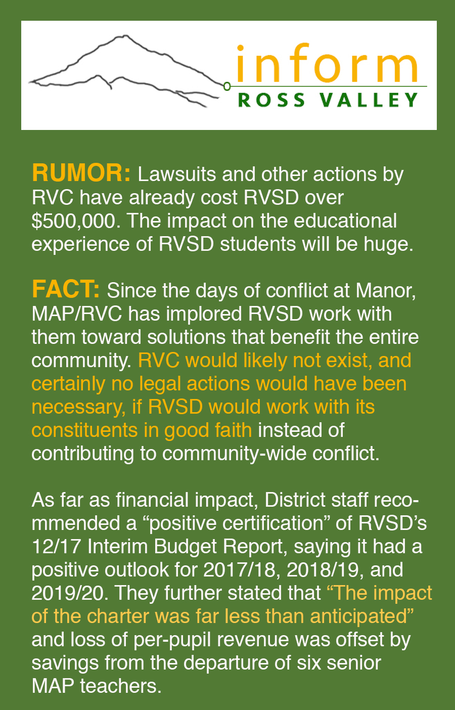 As far as financial impact, District staff reco- mmended a “positive certification” of RVSD’s 12/17 Interim Budget Report, saying it had a positive outlook for 2017/18, 2018/19, and 2019/20. They further stated that “The impact of the charter was far less than anticipated” and loss of per-pupil revenue was offset by savings from the departure of six senior MAP teachers.