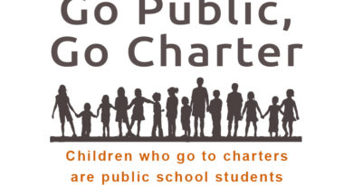 An image depicting Ross Valley School children standing with the words "Go Public, Go Charter"