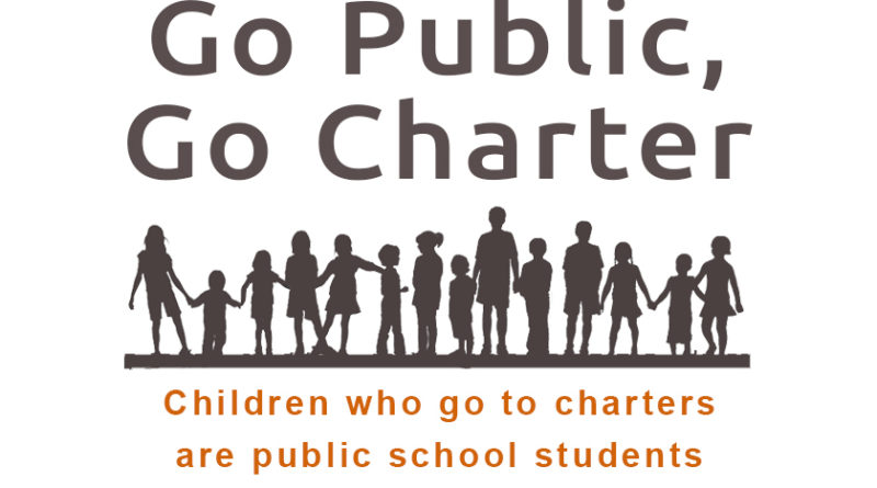 An image depicting Ross Valley School children standing with the words "Go Public, Go Charter"